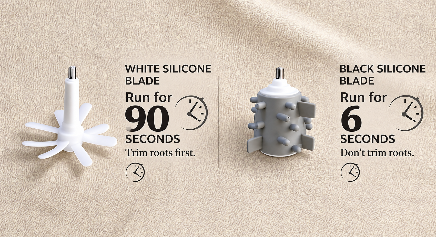 White and grey silicone garlic peelers with their running times