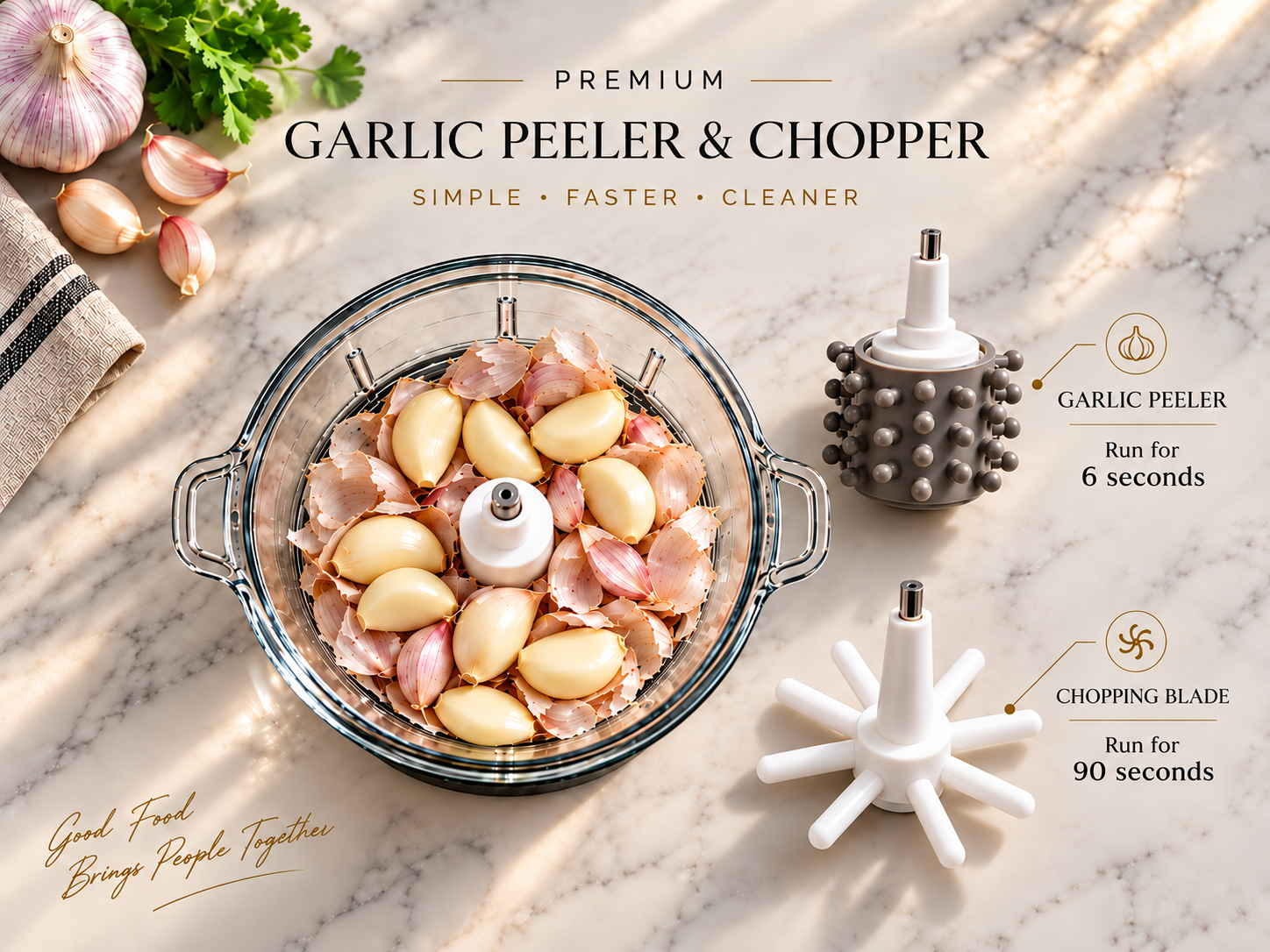 Top view of garlic in the jar with peeling attachments